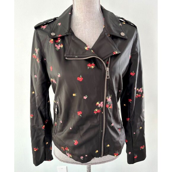 Who What Wear Edgy Black Floral Faux Leather Biker Moto Jacket size Small - Picture 1 of 7